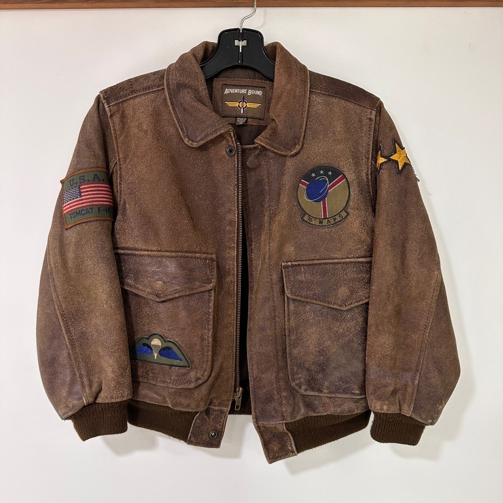 Adventure Bound Leather Flight Jacket Mens Medium Brown Bomber Tomcat F-14 Patch